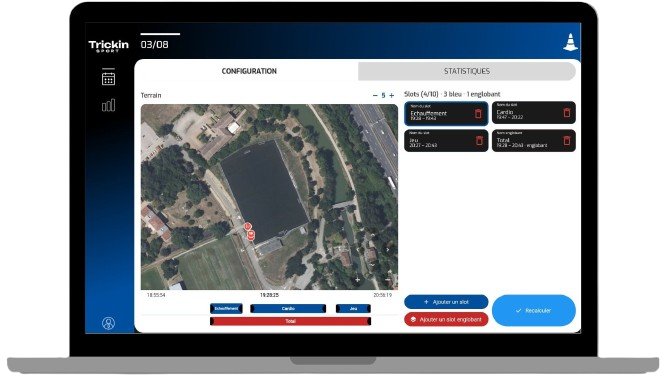 Interface de l'application mobile TrickInSport affichant les graphiques de performance et de charge de travail pour le football et le rugby.